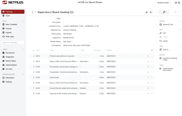 screenshot of netfiles Board Room